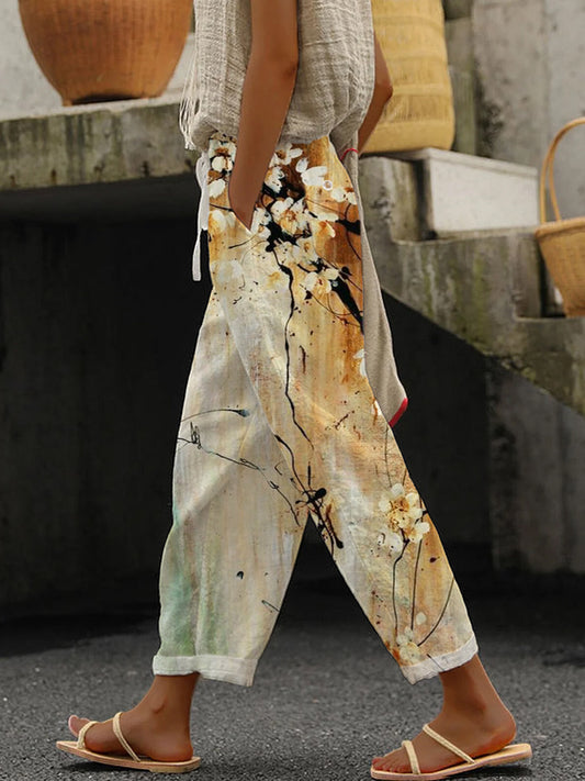 Comstylish Vintage Ink Flower Print Casual Cotton Linen Pants