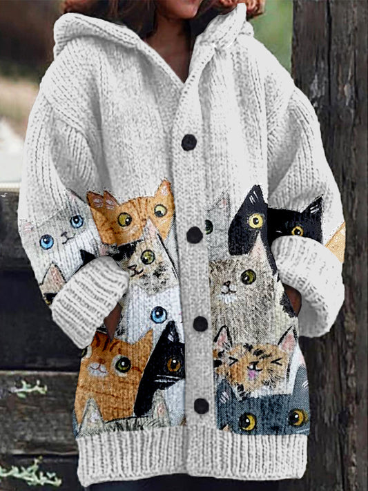 Lovely Cats Pattern Cozy Hooded Cardigan elevenforest