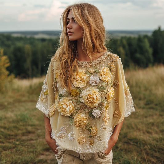 Comstylish Women's Bohemian Yellow Floral Embroidery Art Linen Blend T-shirt