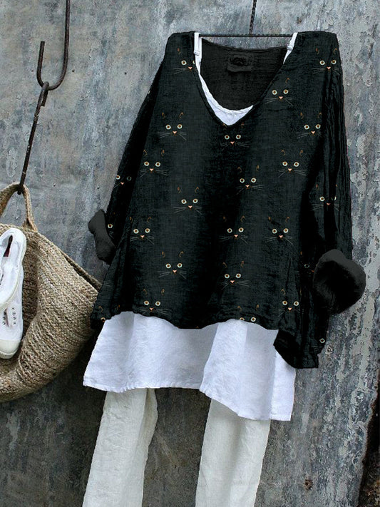 Cute Cat Face Pattern Cozy Flowy Tunic elevenforest