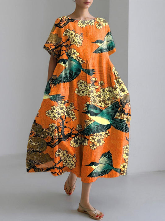 Comstylish Women's Japanese Art Inspired Print Linen Blend Dress