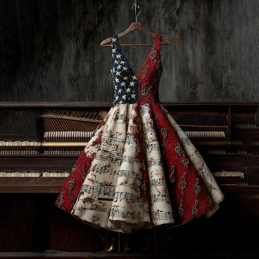 Vintage Sequin Music Notes And Geometry Flag Art Midi Dress artswardrobe