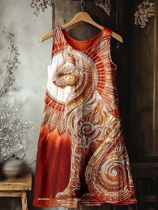 Comstylish Egyptian Cat Goddess Bast Bead Embroidered Linen Midi Dress