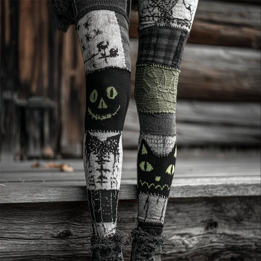 Halloween Black Cat Colorblock Patchwork Cozy Knit Leggings elevenforest