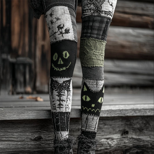 Comstylish Halloween Black Cat Colorblock Patchwork Cozy Knit Leggings