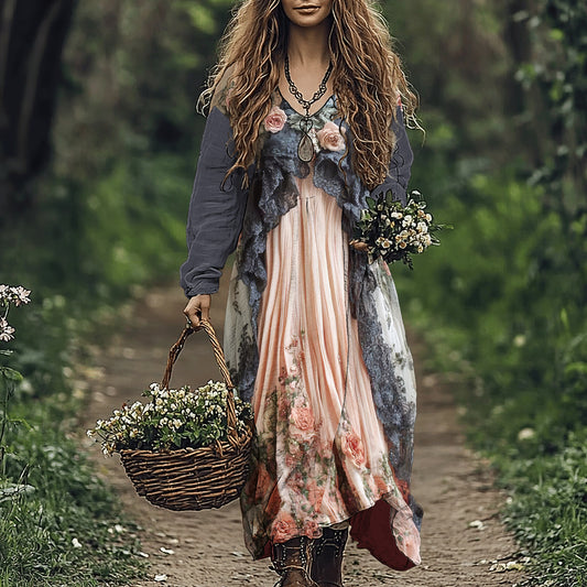 Vintage Floral Print Loose Midi Dress artswardrobe