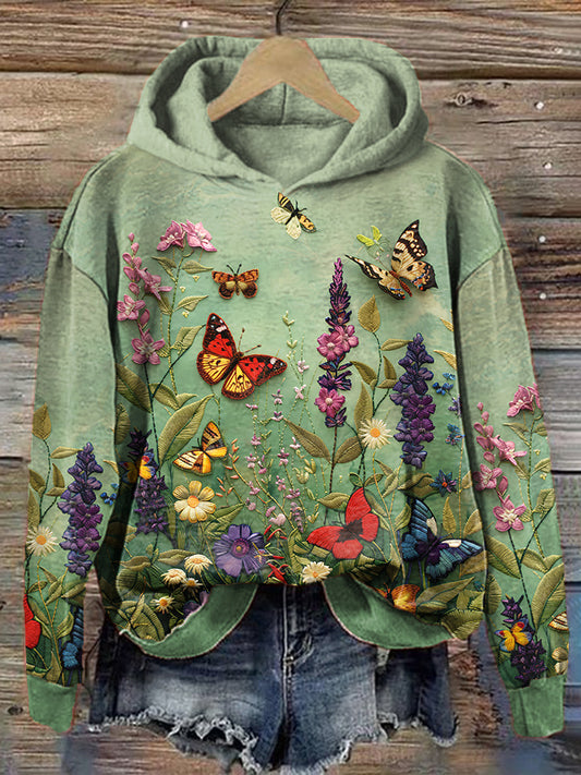 Floral Butterfly Embroidery Pattern Cozy Hoodie artswardrobe