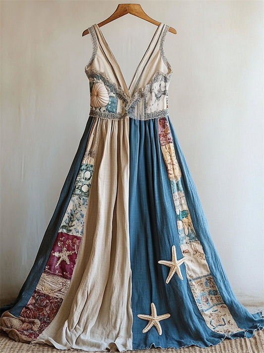 Boho Starfish & Sea Shells Contrast Patchwork Linen Maxi Dress artswardrobe