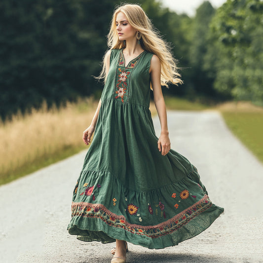 Retro Bohemian Floral Embroidery Art Sleeveless Linen Maxi Dress artswardrobe