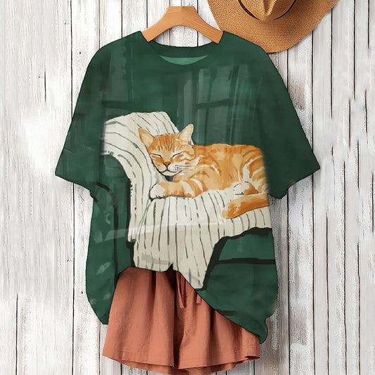 Comstylish Women's Sleeping Cat Print Crew Neck Short Sleeve T-shirt