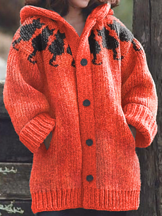 Black Cat Pattern Cozy Knit Hooded Cardigan elevenforest