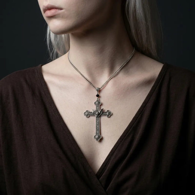 Gothic Bat Filigree Cross Pendant Necklace