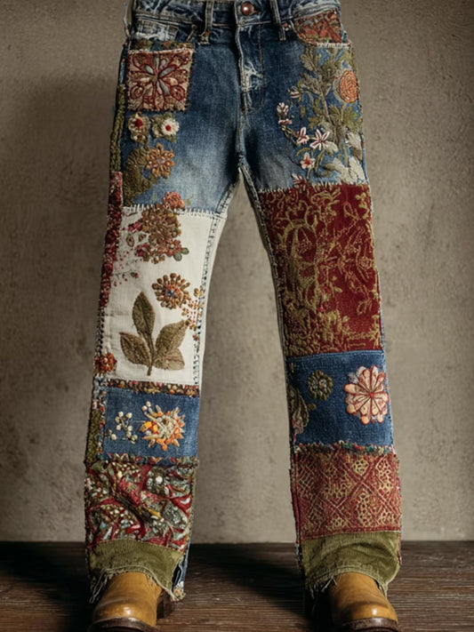 Comstylish Women's Vintage Patchwork Floral Art Washed Blue Jeans