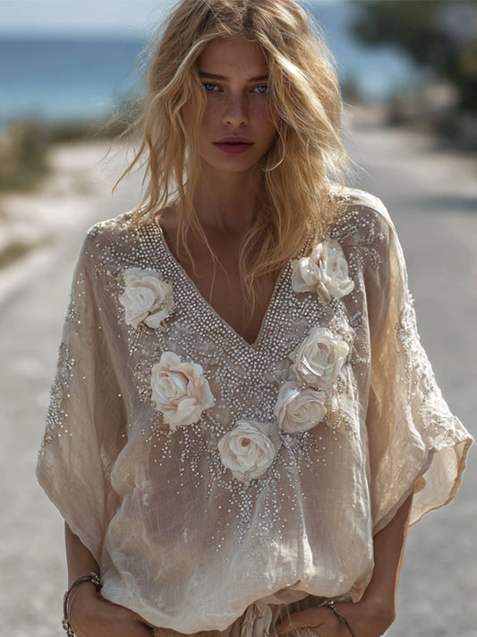 Bohemian Style White Flower V-neck Vintage Linen Short-sleeved Shirt artswardrobe