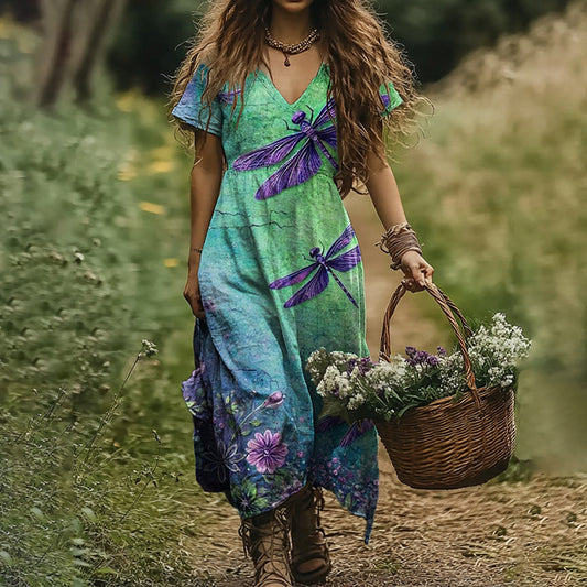 Women's Dragonfly Floral Print V-neck Loose Midi Dress artswardrobe