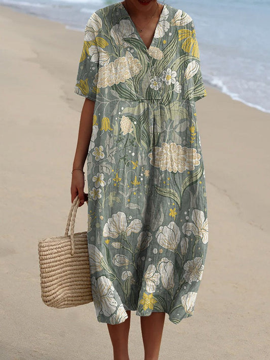 Women's Vintage Lovely Floral Art Print Flowy Dress