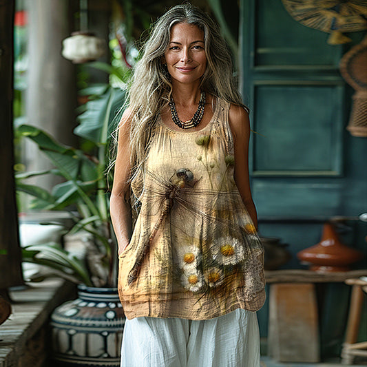 Women's Vintage Butterfly Floral Art Cotton And Linen Vest artswardrobe