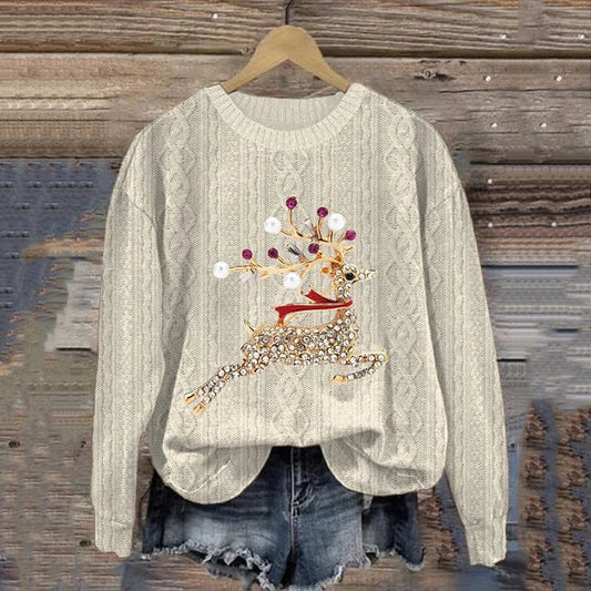 Women's Vintage Christmas Reindeer Print Crewneck Sweatshirt elevenforest