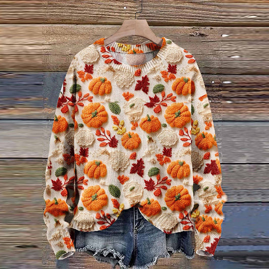 Pumpkin Maple Leaves Autumn Season Halloween Art Print Knit Pullover Sweater artswardrobe