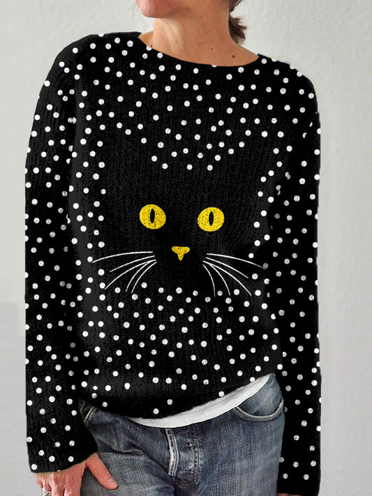 Comstylish Vintage Black Cat Face Pattern Polka Dots Cozy Sweater