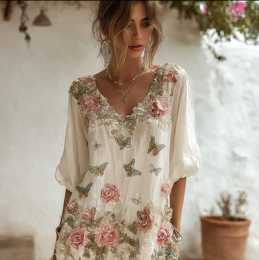 Comstylish Bohemian Style Plant Flower And Butterfly Pattern Embroidery Design V-neck Woman's Long Dress
