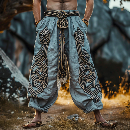 Men's Vintage Viking Celtic Embroidery Art Linen Long Loose Wide-leg Pants artswardrobe