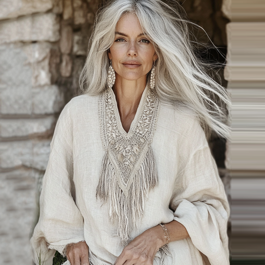 Vintage Fringe Art Cotton Linen Long Sleeve Shirt artswardrobe