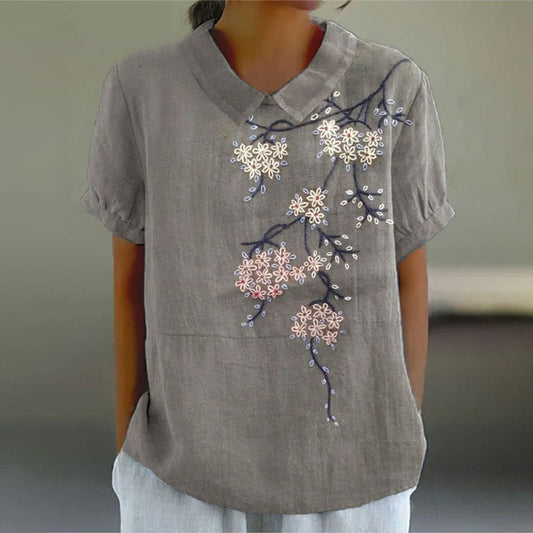 Comstylish Women's Floral Beaded Print Casual Cotton Linen Shirt