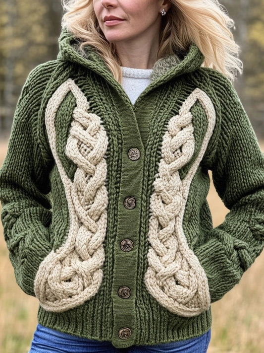 Classic Celtic Jacquard Contrast Color Cozy Hooded Cardigan artswardrobe