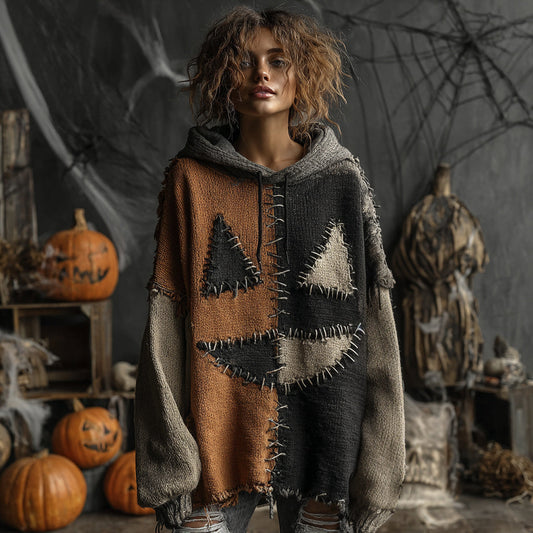 Halloween Pumpkin Face Colorblock Patchwork Knitted Hooded Sweater elevenforest