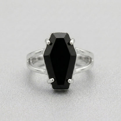 Black Coffin Stone Silver Split Band Gothic Ring