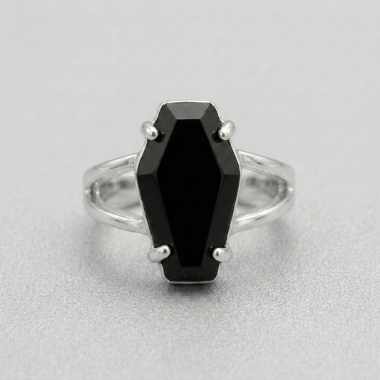 Black Coffin Stone Silver Split Band Gothic Ring