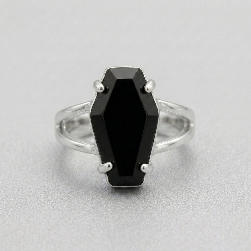 Black Coffin Stone Silver Split Band Gothic Ring