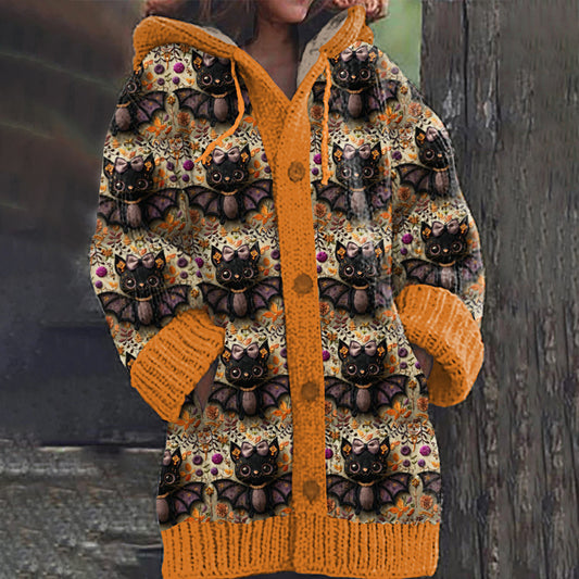 Women's Bat Kitten Halloween Art Graphics Cozy Cardigan Sweater artswardrobe