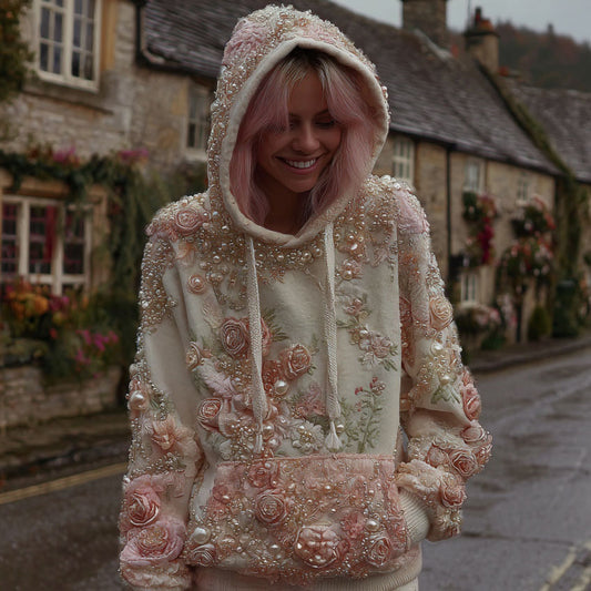 Comstylish Vintage Pink Floral Embroidery Art Casual Hooded