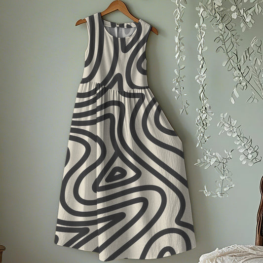 Vintage Stripe Art Linen Tank Midi Dress artswardrobe