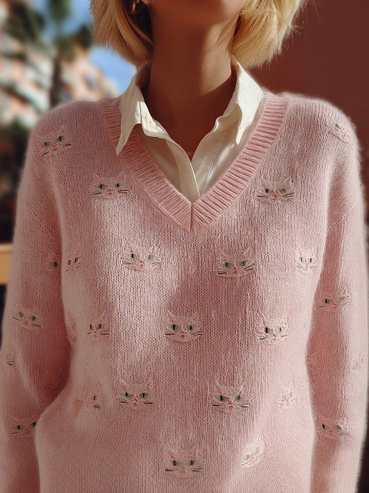 Comstylish Cute Cat Face Pattern V Neck Cozy Knit Sweater
