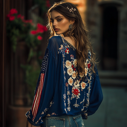 Comstylish Vintage American Flag And Floral Embroidery Cotton And Linen V-neck Shirt