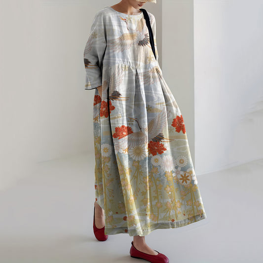 Comstylish Women Japanese Art Crane Printed Casual Midi Dress