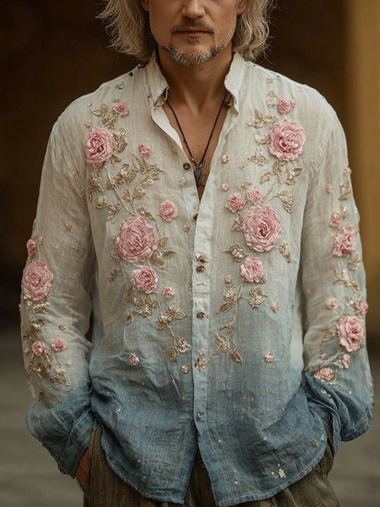 Men's Pink Rose Embroidery Tie-dye Vintage Long-sleeved Shirt artswardrobe