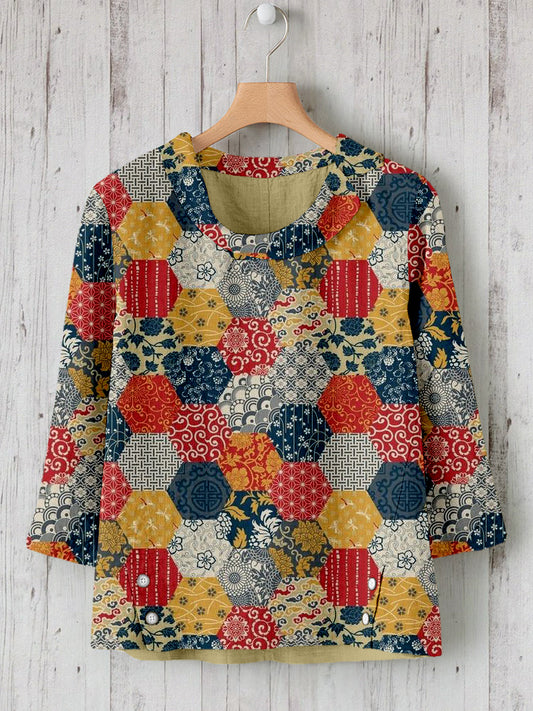 Traditional Japanese Patchwork Pattern Linen Blend Shirt