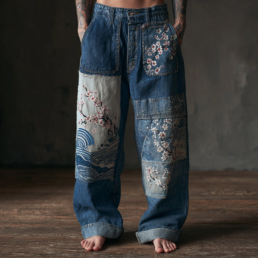 Comstylish Men's Vintage Cherry Blossom And Sea Wave Embroidery Jeans