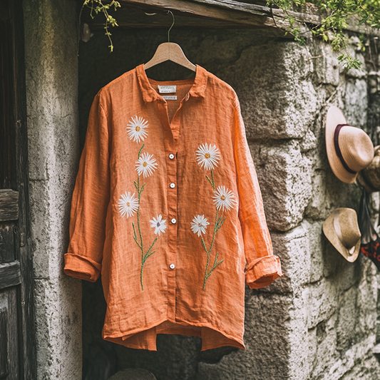 Bohemian Holiday Style Linen Floral Print  Long Sleeve Shirt artswardrobe