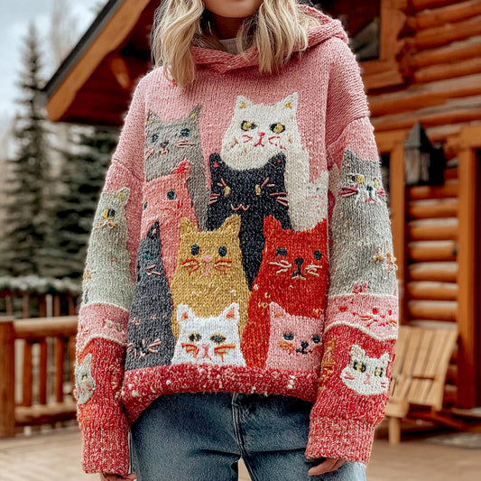 Comstylish Women's Colorful Cats Pattern Cozy Knit Hooded Sweater