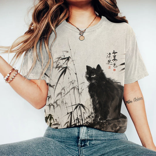 Bamboo Forest & Cat Painting Art T-Shirt elevenforest