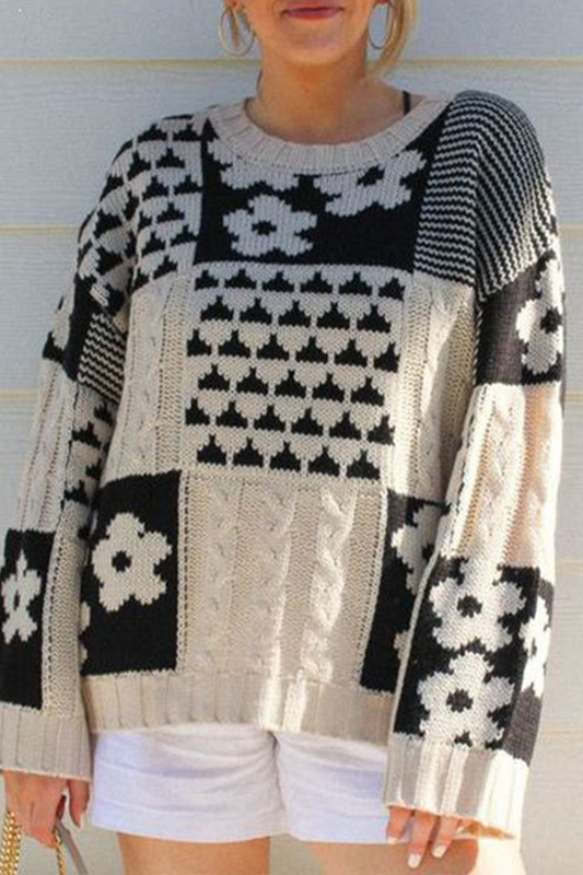 Heike® | Casual O-neck sweaters with contrast color block floral pattern