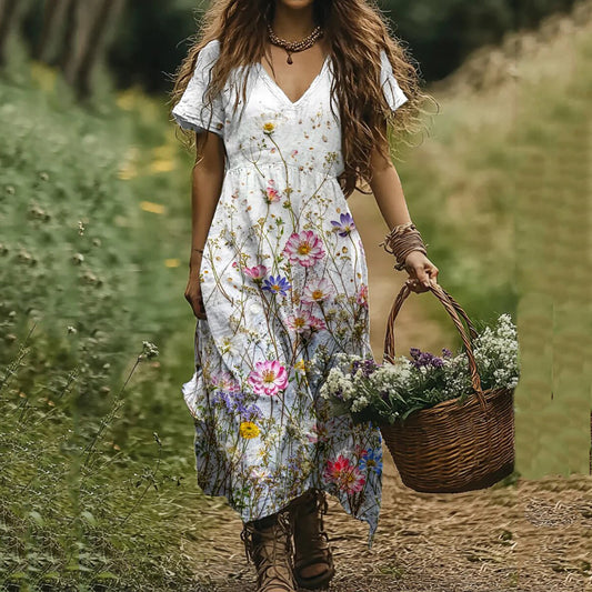 Vintage Wildflower Art Linen V-neck Dress artswardrobe