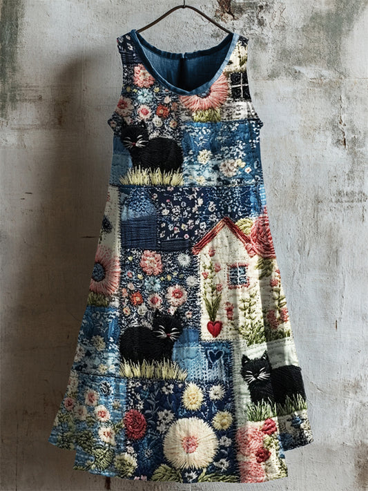 Comstylish Black Cats Embroidered Cottage Floral Textile Linen Tank Dress