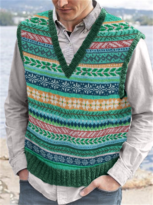 Men's Vintage Colorful Christmas Snowflake V Neck Isle Knit Vest artswardrobe