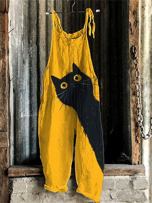 Funny Cat Print Linen Blend Casual Jumpsuit elevenforest